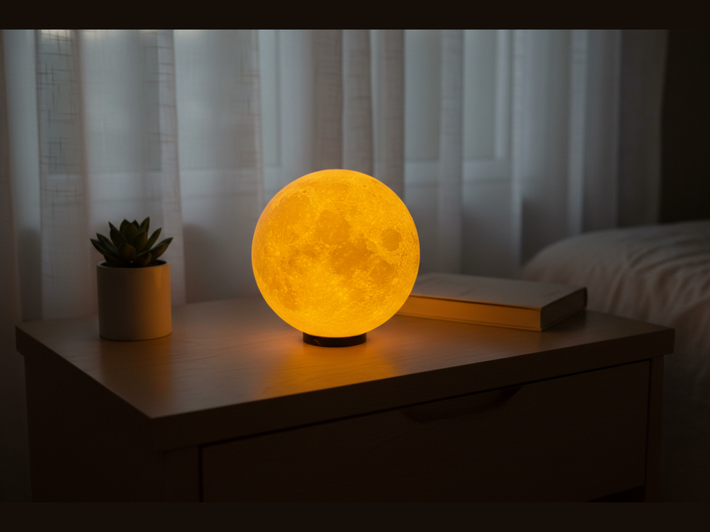 Moon LED lamp in cozy bedroom setting